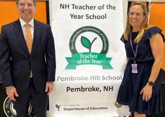 Commissioner Frank Edelblut joins New Hampshire's 2024 Teacher of the Year, Elizabeth Duclos.